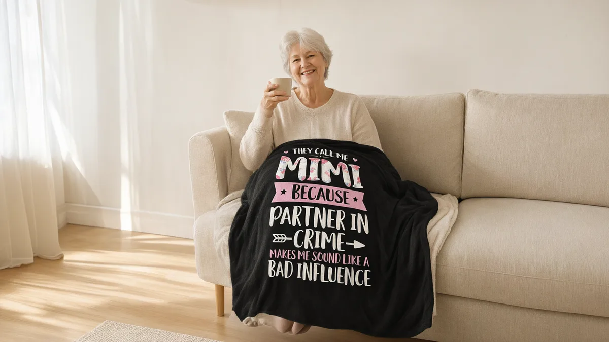 Smiling grandmother on a sofa under a black SnugSay throw blanket that reads "They call me Mimi because partner in crime makes me sound like a bad influence"
